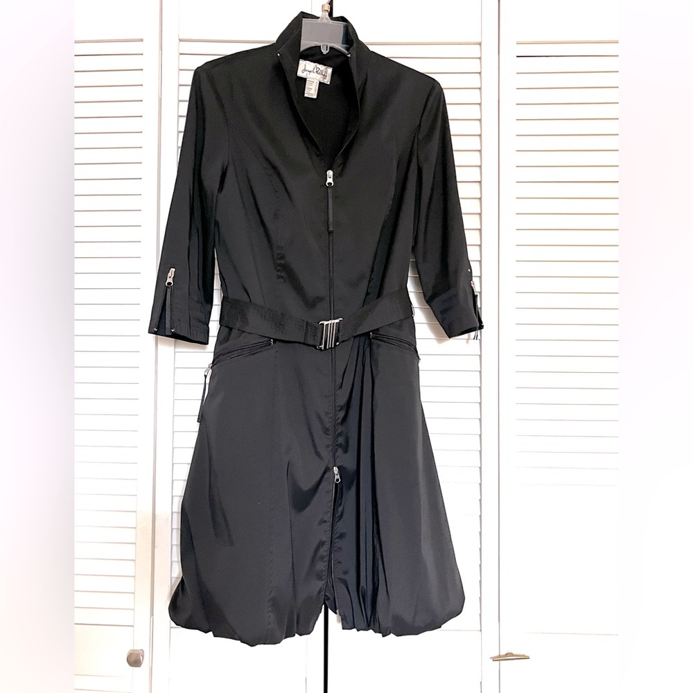 Joseph Ribkoff, Black sheen belted 3/4 sleeve zipper detail